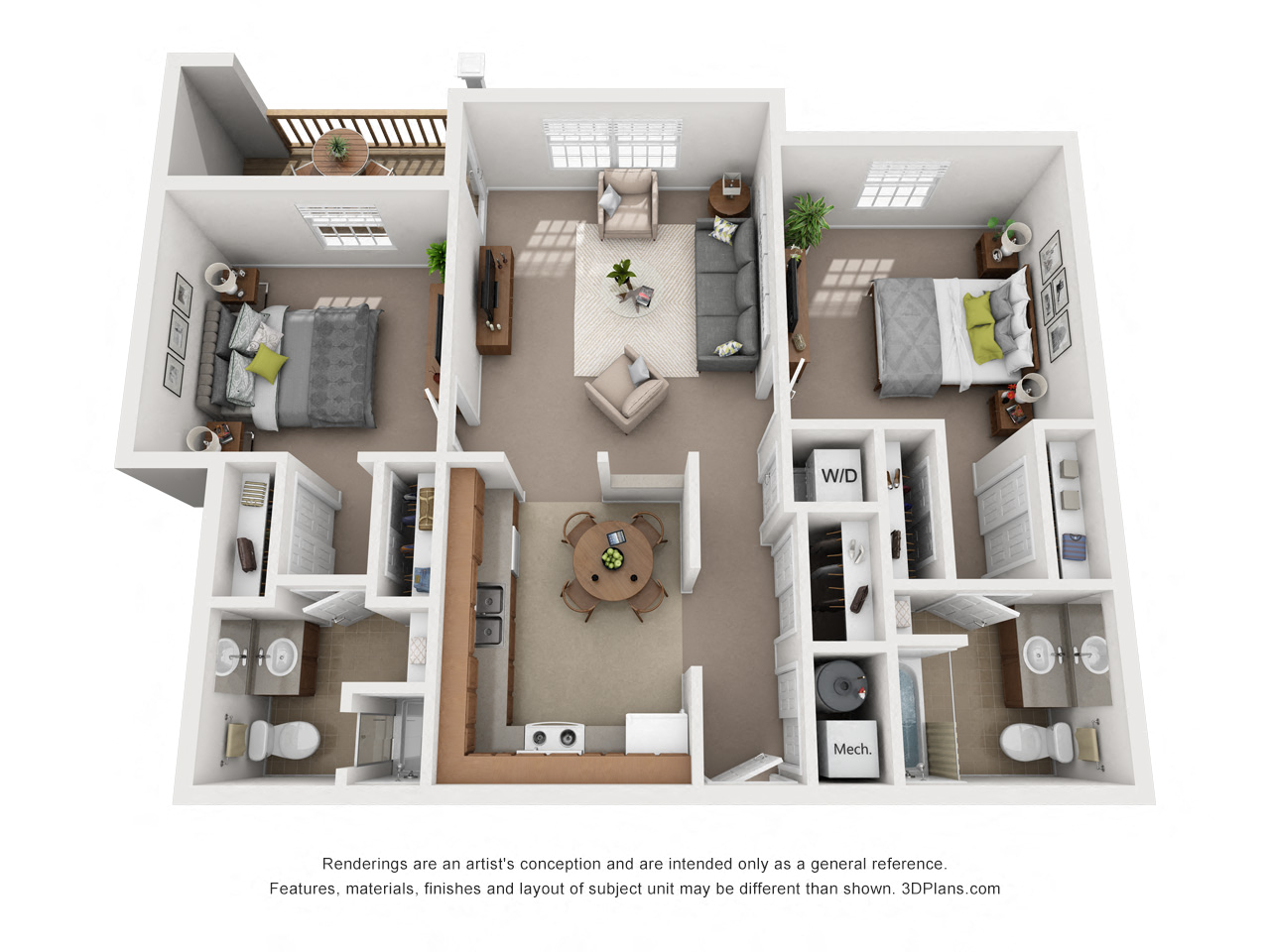 Floor plan for 2 beds, 2 baths, 950 sqft